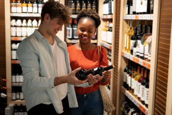 The Upland A smiling couple examines wine bottles in a store aisle filled with various wines.