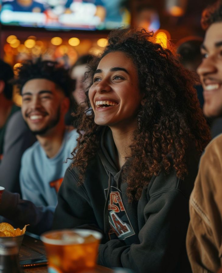 The Upland Smiling group of friends watching a sports game on TV in a lively bar atmosphere.