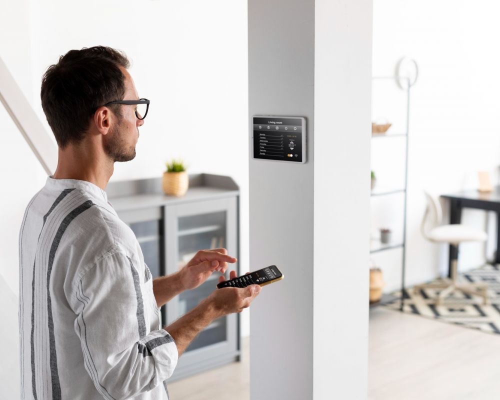 The Upland Man using a smartphone to control a smart home panel on a white wall in a modern living space.